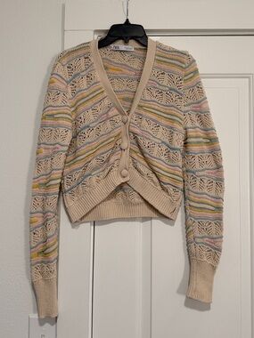 ZARA Cream Open-Knit Cardigan with Pastel Stripes